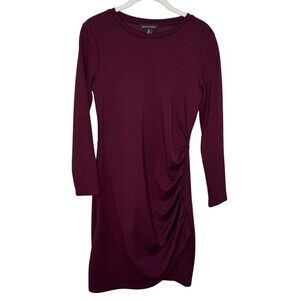 Saks Fifth Avenue Dress Size Small Burgundy Ruched Side Long Sleeve Bodycon Knit